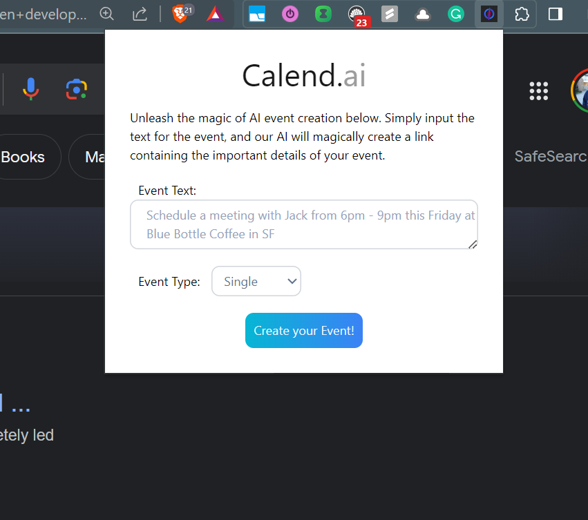 Calend.ai extension auto-filling a calendar event