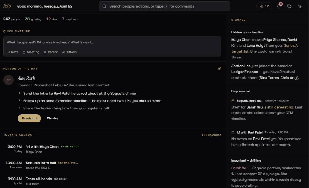 Rolo dashboard with quick capture, person of the day, today’s agenda, and Signals sidebar