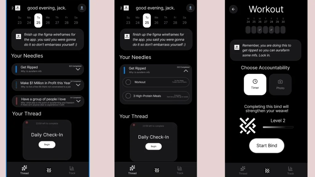 Weave prototype screens showing Needles, Daily Check-In, and a bind flow (timer/photo accountability)